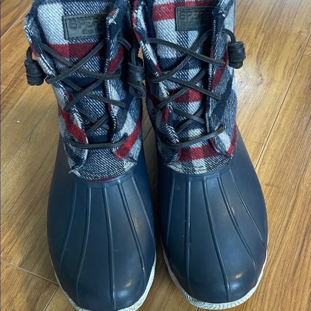 Sperry Navy and Red Plaid Duck Boots